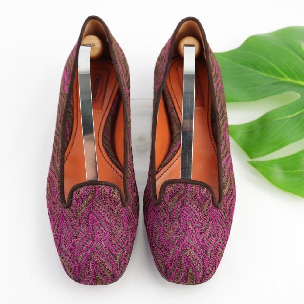 MISSONI Womens Ballet Flats Size 37.5 7.5 Pink Purple Woven Macrame Loafer Shoes